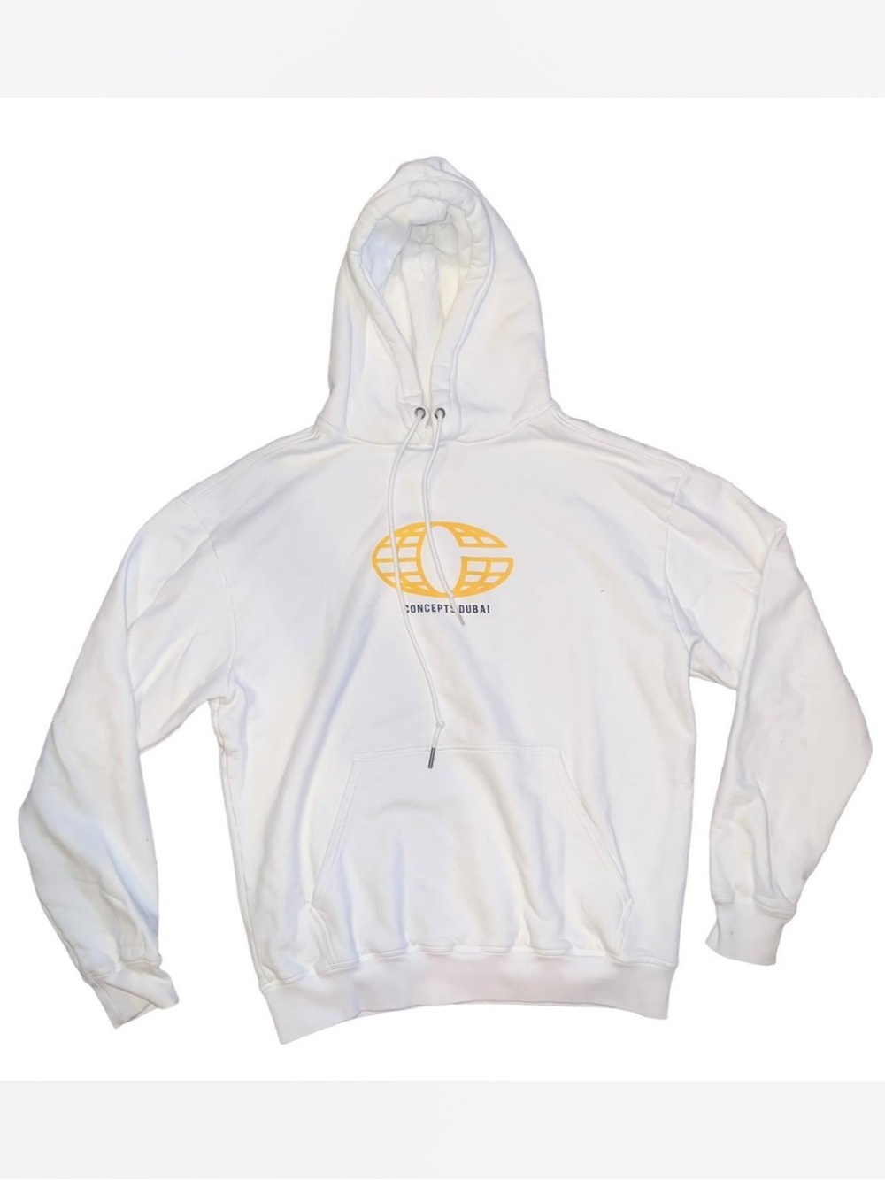 White Crewneck Hoodie with Yellow Logo - Men's Casual Pullover